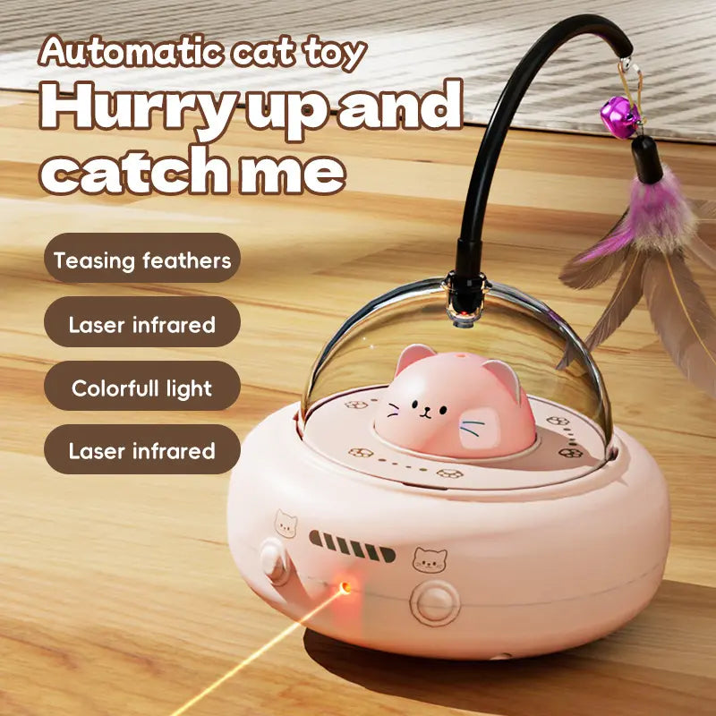Automatic Interactive Cat Teaser Toy Self-Playing Laser Feather Combo Smart Pet Toy to Keep Your Kitten Busy Relieve Boredom All Day No More Lonely Cats