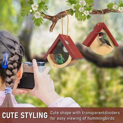 2 Pack Hummingbird House, Window View Wooden Bird Houses for outside Hummingbird Houses for Nesting, Hanging Chickadee House for Indoor Outdoor with Hemp Ropes,Summervibes